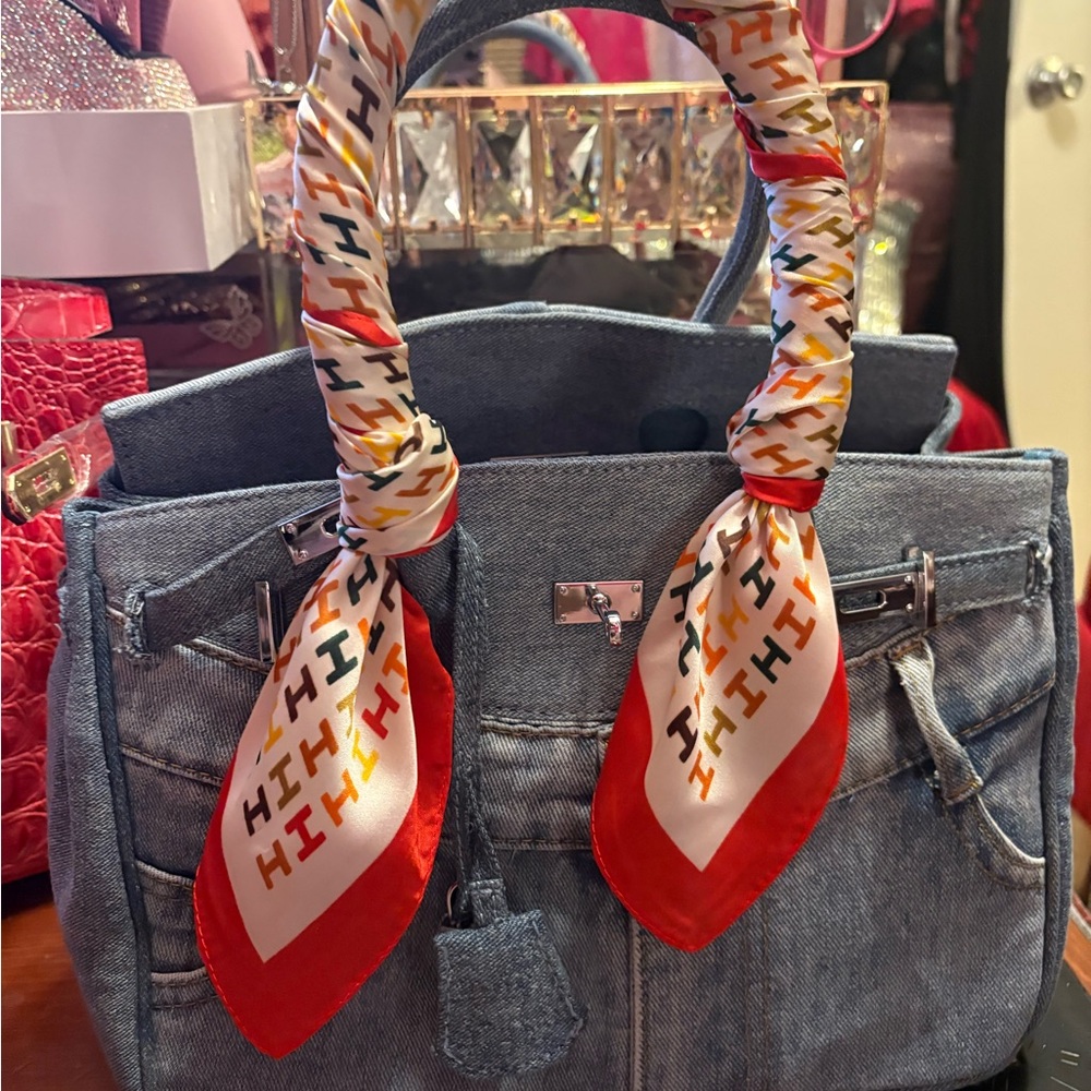 Worken birk no label Denim Handbag with Colorful Scarf Handles